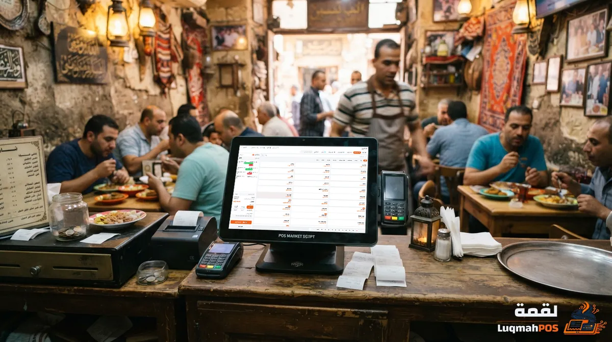 بيئة مشويات / مطعم شعبي — شاشات نظام لقمة شغّالة في مكانها